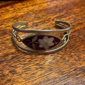 Sterling silver bracelet with burgundy inlay and mother of pearl flower